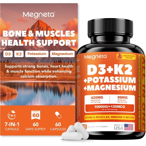 Vitamin D3 K2 (MK-7) 10,000 IU with Magnesium Glycinate & Potassium Supplement - Systemic Complex for Bone, Muscle, Heart, Immune, Energy & Sleep Support High Absorption, 60 Capsules