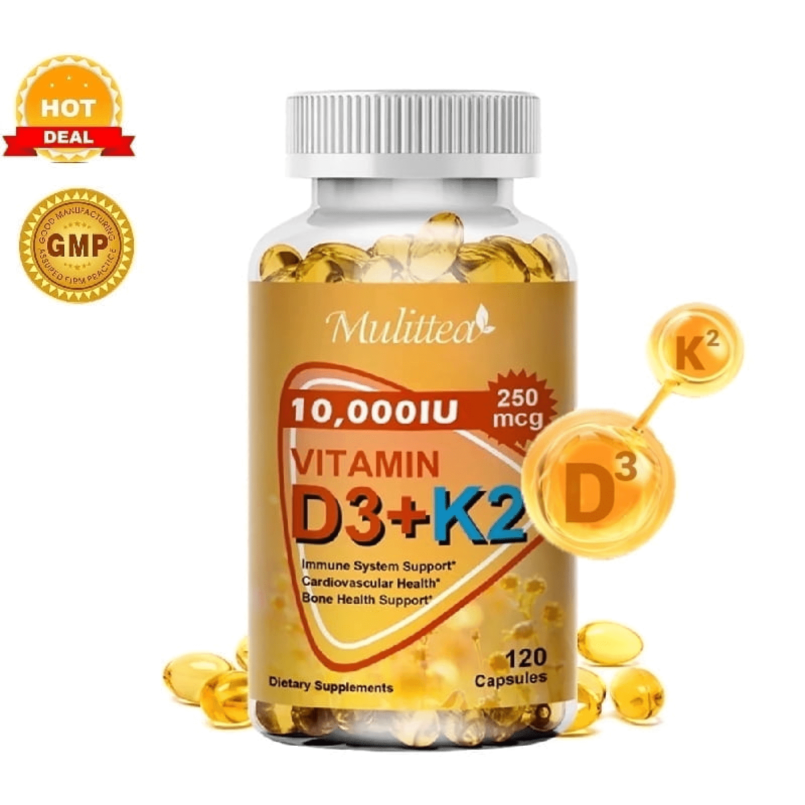 Vitamin D3 K2, 10000 IU Support Bone & Joint Health, Increase Immunity, 120 Vegetarian Softgels by Mulittea