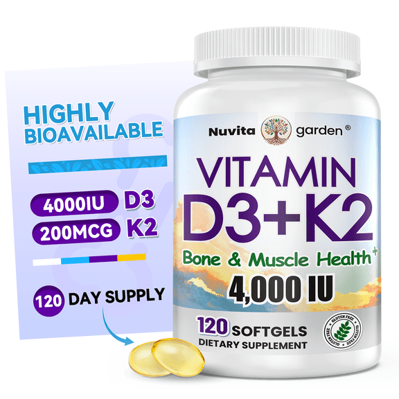 Vitamin D3 K2 Supplement Softgels 4000 IU 100 mcg Vitamin D Bone Teeth Muscle and Immune Support 120 Softgels 120 Day Supply