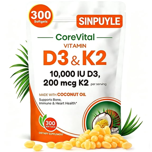 Vitamin D3 K2 Supplement with Coconut Oil, 10000 IU Vitamin D3 & 200 mcg Vitamin K2, Supports Bone, Immune & Heart Health, 300 Softgels