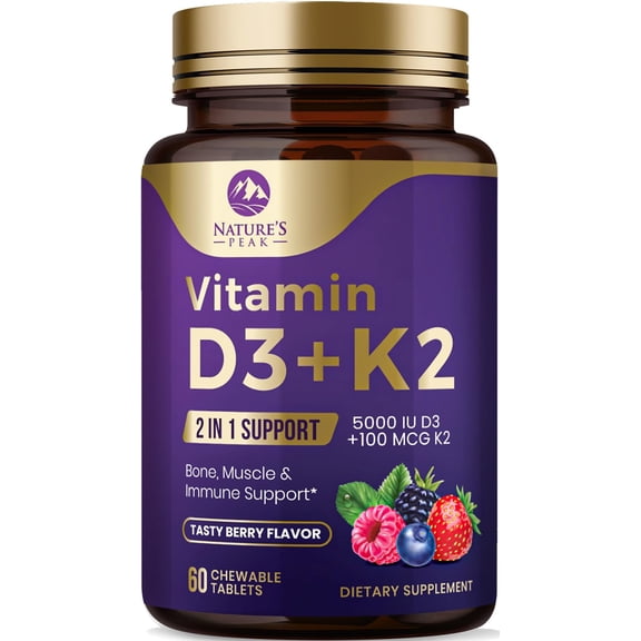 Vitamin D3 K2 - 5000 iu Vitamin D3 & 100 mcg Vitamin K2 (MK-7) Complex for Immune Support - Bone, Teeth & Muscle Health Support - Berry Chewable, Gluten Free, Non-GMO, Bottled in USA - 60 Tablets