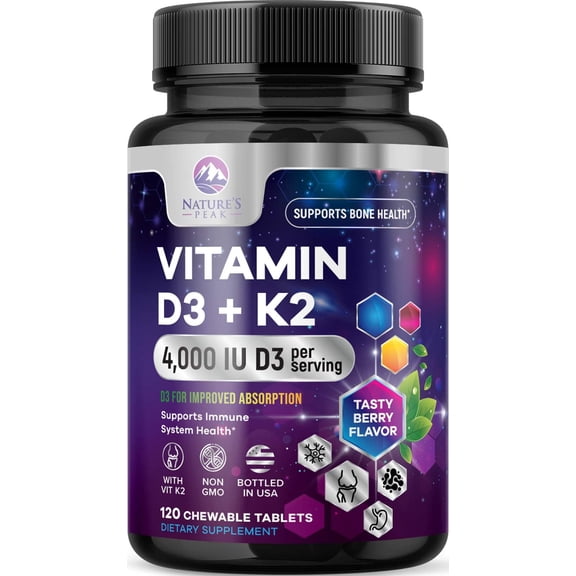 Vitamin D3 K2 - 4000 IU Vitamin D3 & 200 mcg Vitamin K2 MK-7 per Serving - Bone, Heart, & Immune Health Support - Calcium Absorption - D3K2 Berry Chew, Gluten Free, Non-GMO, Bottled USA - 120 Tablets