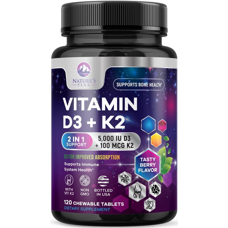 Vitamine K2 + D3 5000 UI - Complément Alimentaire Pour Immunité, Os, Muscles - 30/60/120 Capsules