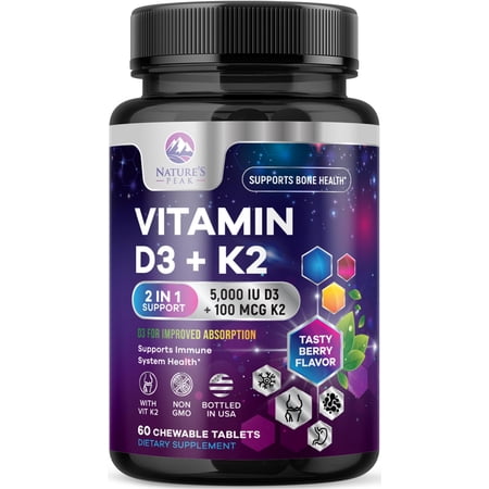 Vitamin D3 K2 - 5000 IU Vitamin D3 & 100 mcg Vitamin K2 MK-7 per Serving - Bone, Heart, & Immune Health Support - Calcium Absorption - D3K2 Berry Chew, Gluten Free, Non-GMO, Bottled USA - 60 Tablets