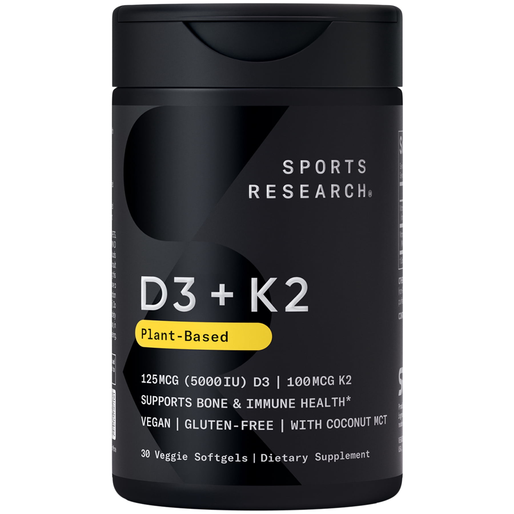 Sports Research® Vitamin D3 K2 with Coconut Oil | Plant Based Vitamin K2 MK7  Vegan D3 5000iu 30 Veggie Softgels