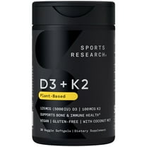 Sports Research® Vitamin D3 K2 with Coconut Oil | Plant Based Vitamin K2 MK7   Vegan D3 5000iu (30 Veggie Softgels)