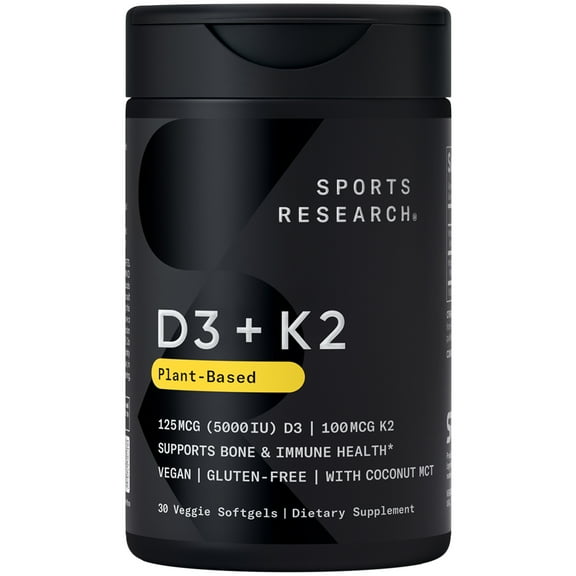 Sports Research Vitamin D3 K2 with Coconut Oil | Plant Based Vitamin K2 MK7 + Vegan D3 5000iu (30 Veggie Softgels)