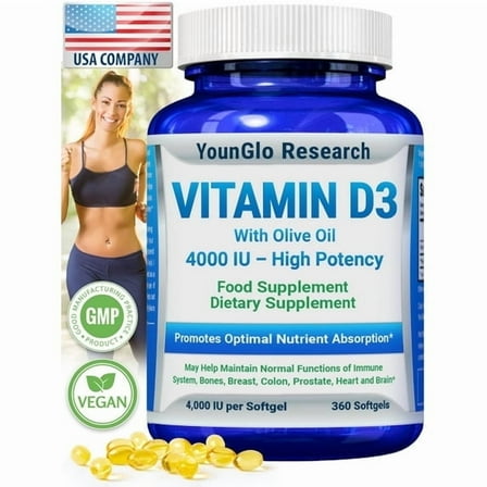 Vitamin D3 Supplement for Adult Men & Women, 4000 IU, 360 Softgels – by YounGlo Research