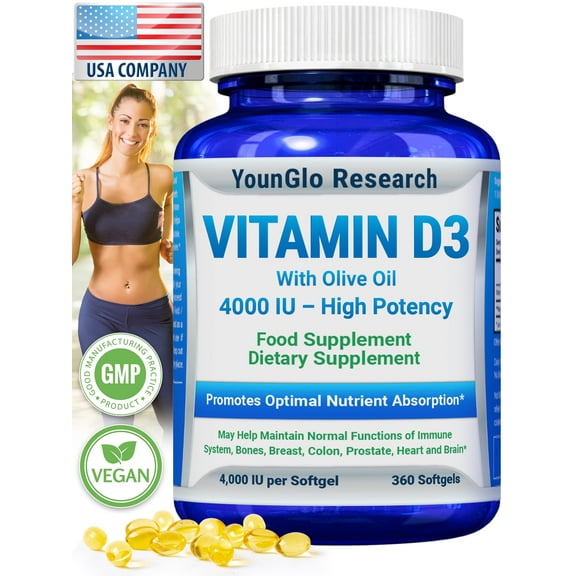 Vitamin D3 Supplement 4000 IU 360 Softgels High Potency Formula by YounGlo Research
