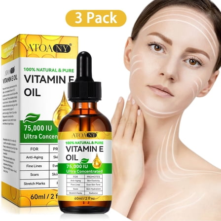 Vitamin E Oil, 75,000 IU, 100% Pure & Natural Vitamin E Oil for Skin, Face, Hair, Nails & Scars, Body Bath Moisturizing Dry Skin and Winkles - 3Pack