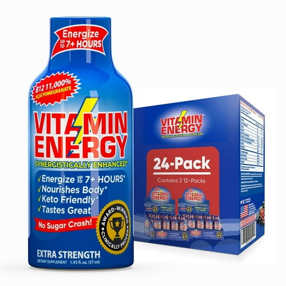 Vitamin Energy B12 Extra Strength Shot, Aa Pomegranate, 24 Pack 260mg Natural Caffeine, 11,000% DV B12 & B6, Zero Sugar, 1.93 fl oz
