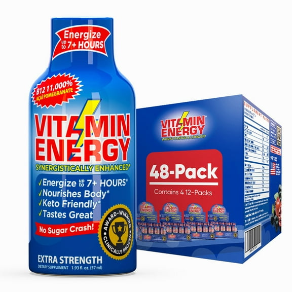 Vitamin Energy B12 Extra Strength Shot, Aa Pomegranate, 48 Pack 260mg Natural Caffeine, 11,000% DV B12 & B6, Zero Sugar, 1.93 fl oz