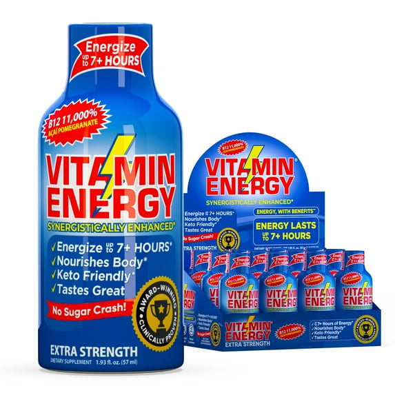 Vitamin Energy B12 Extra Strength Shot, Açaí Pomegranate, 12 Pack – 260mg Natural Caffeine, 11,000% DV B12 & B6, Zero Sugar, 1.93 fl oz