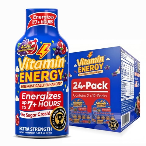 Vitamin Energy Acai Pomegranate Extra Strength Energy Shot, 24 Pack - 260mg Natural Caffeine, 11,000% DV B12 + Taurine, Zero Sugar, 1.93 fl oz