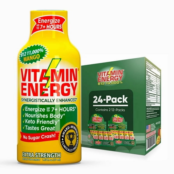 Vitamin Energy B12 Extra Strength Shot, Mango, 24 Pack 260mg Natural Caffeine, 11,000% DV B12 & B6, Zero Sugar, 1.93 fl oz