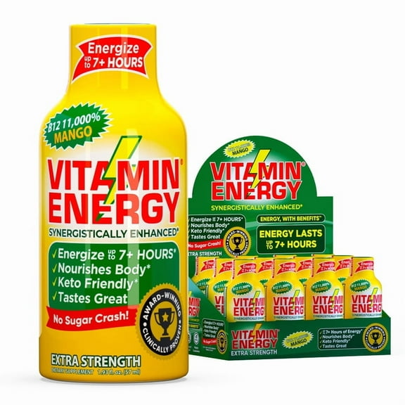 Vitamin Energy B12 Extra Strength Shot, Mango, 12 Pack 260mg Natural Caffeine, 11,000% DV B12 & B6, Zero Sugar, 1.93 fl oz