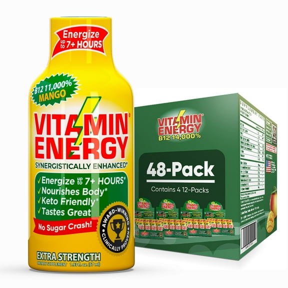 Vitamin Energy B12 Extra Strength Shot, Mango, 48 Pack 260mg Natural Caffeine, 11,000% DV B12 & B6, Zero Sugar, 1.93 fl oz