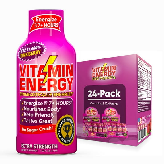 Vitamin Energy B12 Extra Strength Shot, Pink Berry, 24 Pack 260mg Natural Caffeine, 11,000% DV B12 & B6, Zero Sugar, 1.93 fl oz