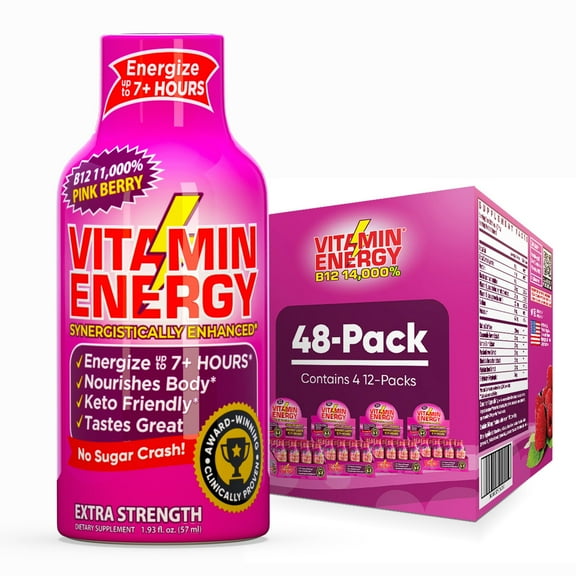 Vitamin Energy B12 Extra Strength Shot, Pink Berry, 48 Pack  260mg Natural Caffeine, 11,000% DV B12 & B6, Zero Sugar, 1.93 fl oz