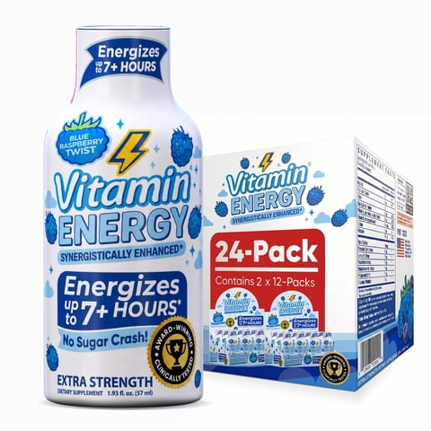 Vitamin Energy Blue Raspberry Twist Extra Strength Energy Shot, 12 Pack - 260mg Natural Caffeine, Electrolytes + BCAAs, Hydration, Zero Sugar, 1.93 fl oz