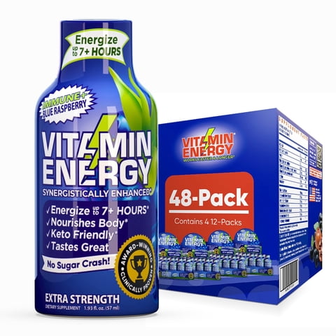 Vitamin Energy Immune+ Extra Strength Shot, Blue Raspberry, 48 Pack 260mg Natural Caffeine, B-Vitamins & Citicoline, Zero Sugar, 1.93 fl oz
