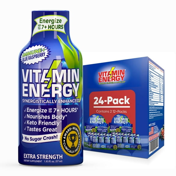 Vitamin Energy Immune+ Extra Strength Shot, Blue Raspberry, 24 Pack 260mg Natural Caffeine, B-Vitamins & Citicoline, Zero Sugar, 1.93 fl oz