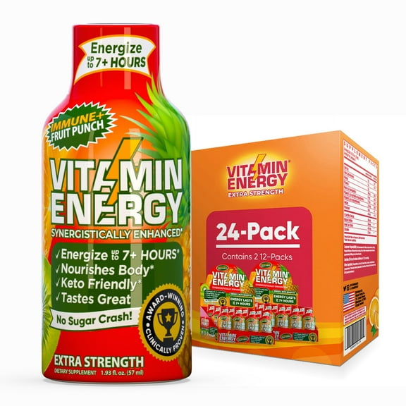 Vitamin Energy Immune+ Extra Strength Shot, Fruit Punch, 24 Pack 260mg Natural Caffeine, B-Vitamins & Citicoline, Zero Sugar, 1.93 fl oz