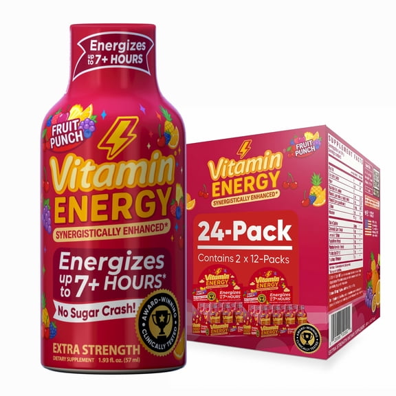 Vitamin Energy Immune+ Extra Strength Shot, Fruit Punch, 24 Pack 260mg Natural Caffeine, B-Vitamins & Citicoline, Zero Sugar, 1.93 fl oz