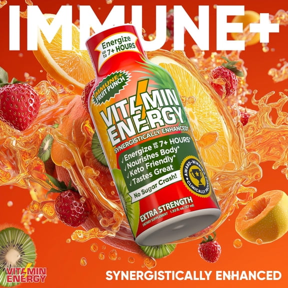 Vitamin Energy Immune+ Extra Strength Shot, Fruit Punch, 48 Pack 260mg Natural Caffeine, B-Vitamins & Citicoline, Zero Sugar, 1.93 fl oz