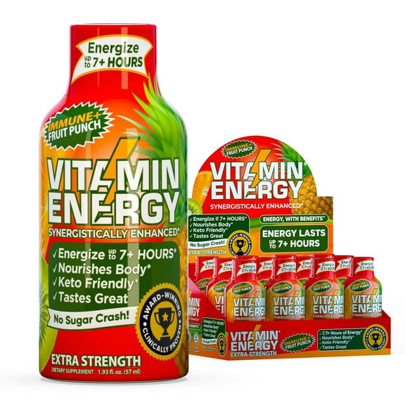 Vitamin Energy Immune+ Extra Strength Shot, Fruit Punch, 12 Pack 260mg Natural Caffeine, B-Vitamins & Citicoline, Zero Sugar, 1.93 fl oz