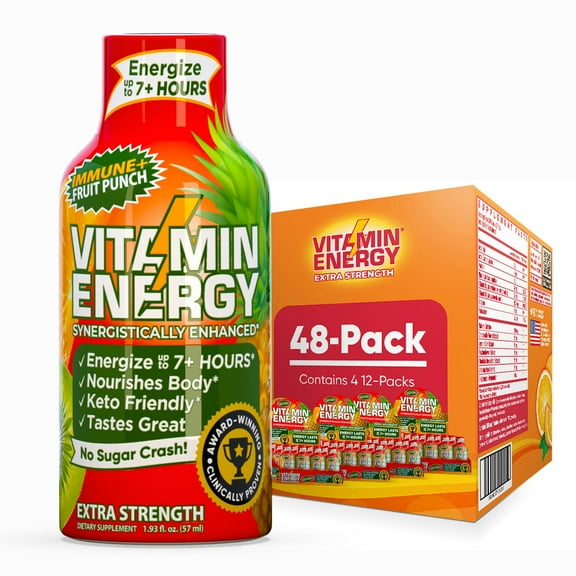 Vitamin Energy Immune+ Extra Strength Shot, Fruit Punch, 48 Pack 260mg Natural Caffeine, B-Vitamins & Citicoline, Zero Sugar, 1.93 fl oz