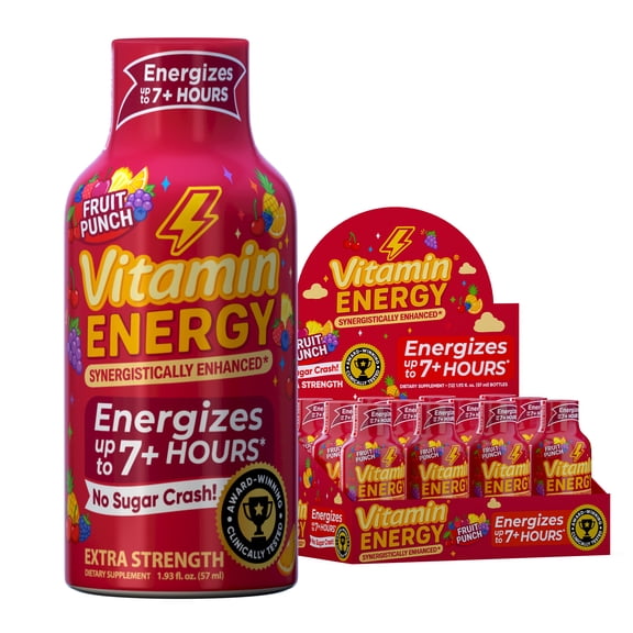 Vitamin Energy Immune+ Extra Strength Shot, Fruit Punch, 12 Pack  260mg Natural Caffeine, B-Vitamins & Citicoline, Zero Sugar, 1.93 fl oz
