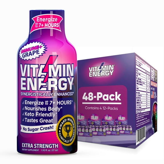 Vitamin Energy Immune+ Extra Strength Shot, Grape, 48 Pack 260mg Natural Caffeine, B-Vitamins & Citicoline, Zero Sugar, 1.93 fl oz