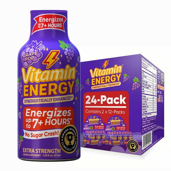 Vitamin Energy Immune+ Extra Strength Shot, Grape, 24 Pack  260mg Natural Caffeine, B-Vitamins & Citicoline, Zero Sugar, 1.93 fl oz