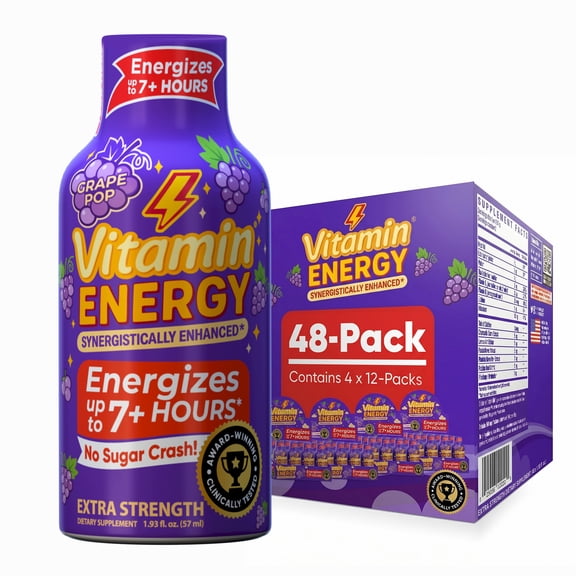 Vitamin Energy Immune+ Extra Strength Shot, Grape, 48 Pack 260mg Natural Caffeine, B-Vitamins & Citicoline, Zero Sugar, 1.93 fl oz