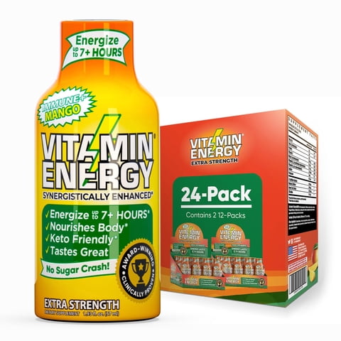Vitamin Energy Immune+ Extra Strength Shot, Mango, 24 Pack 260mg Natural Caffeine, B-Vitamins & Citicoline, Zero Sugar, 1.93 fl oz