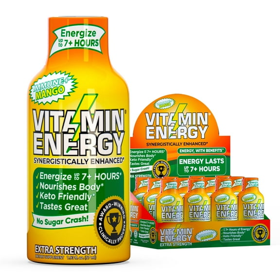 Vitamin Energy Immune+ Extra Strength Shot, Mango, 12 Pack 260mg Natural Caffeine, B-Vitamins & Citicoline, Zero Sugar, 1.93 fl oz