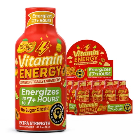 Vitamin Energy Tropical Infusion Extra Strength Energy Shot, 12 Pack - 260mg Natural Caffeine, BCAAs + CoQ10, Focus, Zero Sugar, 1.93 fl oz