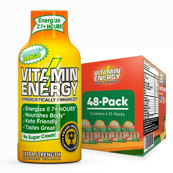 Vitamin Energy Immune+ Extra Strength Shot, Mango, 48 Pack – 260mg Natural Caffeine, B-Vitamins & Citicoline, Zero Sugar, 1.93 fl oz