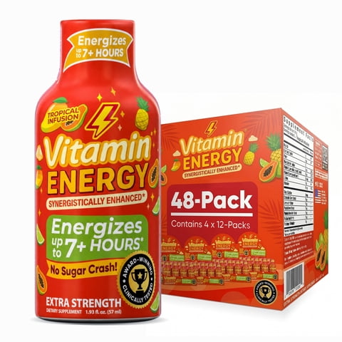 Vitamin Energy Tropical Infusion Extra Strength Energy Shot, 48 Pack - 260mg Natural Caffeine, BCAAs + CoQ10, Focus, Zero Sugar, 1.93 fl oz