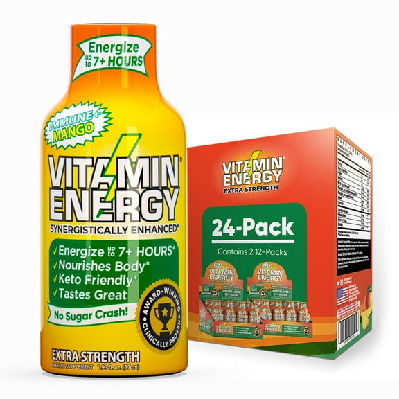 Vitamin Energy Immune+ Extra Strength Shot, Mango, 24 Pack 260mg Natural Caffeine, B-Vitamins & Citicoline, Zero Sugar, 1.93 fl oz