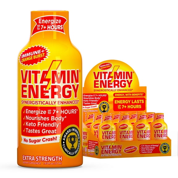 Vitamin Energy Immune+ Extra Strength Shot, Orange Burst, 12 Pack 260mg Natural Caffeine, B-Vitamins & Citicoline, Zero Sugar, 1.93 fl oz