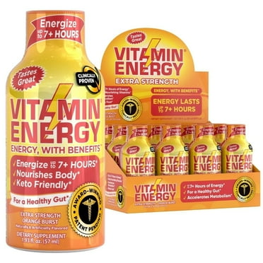 Vitamin Energy Extra Strength Energy Drink Shots, Natural Nutrients to Energize & Support Immune System, Sugar & Carb-Free, Immunity Formula, up to 7  Hours, Orange Burst- 1.93 Fl Oz- Pack of 12