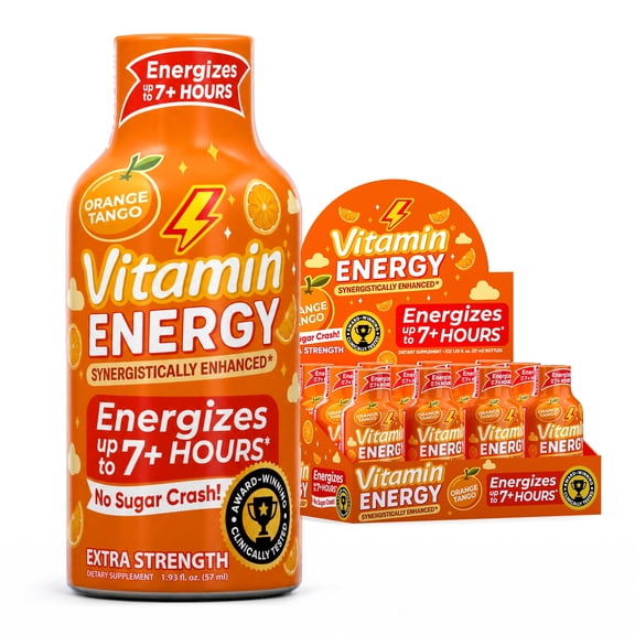 Vitamin Energy Orange Tango Extra Strength Energy Shot, 12 Pack - 260mg Natural Caffeine, Immune Support, Zero Sugar, 1.93 fl oz