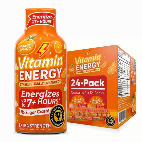 Vitamin Energy Orange Tango Extra Strength Energy Shot, 24 Pack - 260mg Natural Caffeine, Immune Support, Zero Sugar, 1.93 fl oz