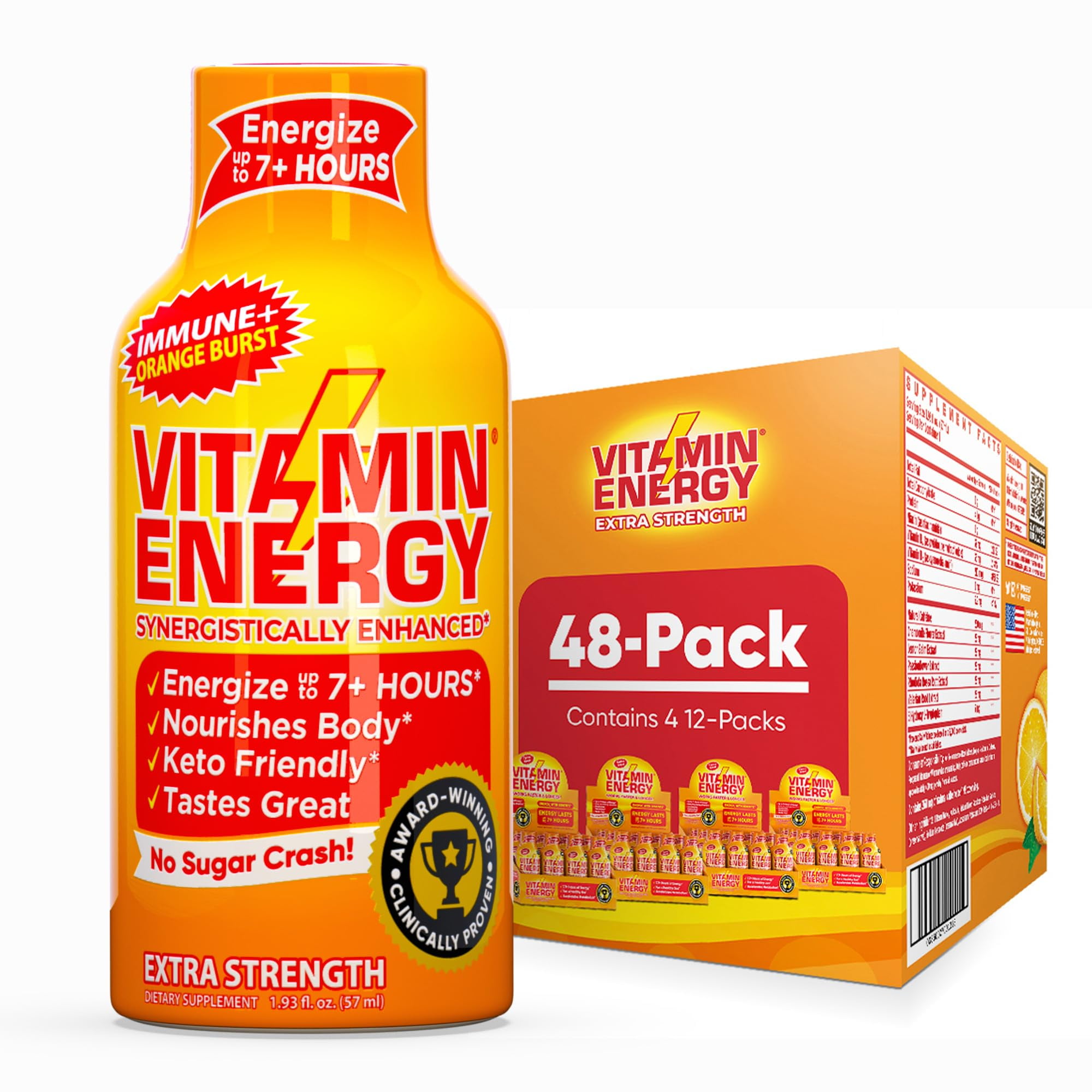 Vitamin Energy Immune+ Extra Strength Shot, Orange Burst, 48 Pack – 260mg Natural Caffeine, B-Vitamins & Citicoline, Zero Sugar, 1.93 fl oz