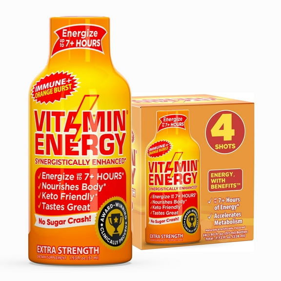Vitamin Energy Immune+ Extra Strength Shot, Orange Burst, 4 Pack 260mg Natural Caffeine, B-Vitamins & Citicoline, Zero Sugar, 1.93 fl oz
