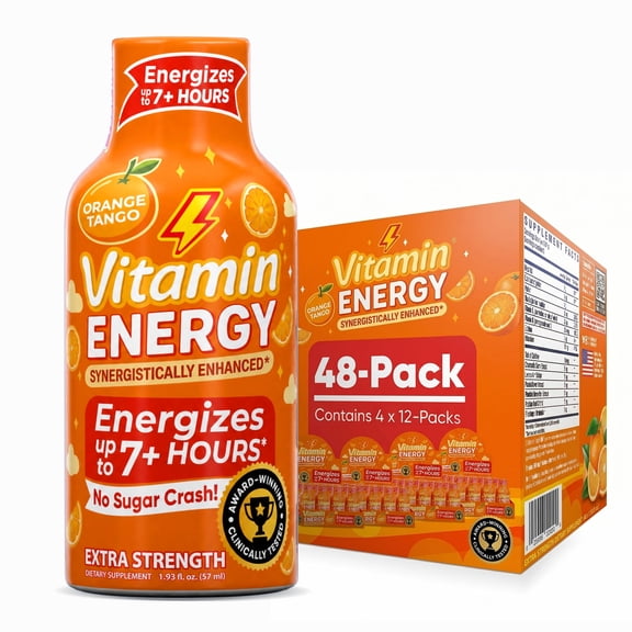 Vitamin Energy Orange Tango Extra Strength Energy Shot, 48 Pack - 260mg Natural Caffeine, Immune Support, Zero Sugar, 1.93 fl oz
