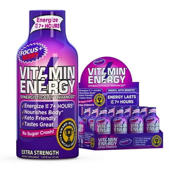 Vitamin Energy Focus+ Extra Strength Shot, Berry, 12 Pack – 260mg Natural Caffeine, CoQ10 & B-Vitamins, Zero Sugar, 1.93 fl oz