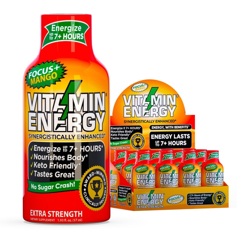 Vitamin Energy Focus+ Extra Strength Shot, Mango, 12 Pack – 260mg Natural Caffeine, CoQ10 & B-Vitamins, Zero Sugar, 1.93 fl oz